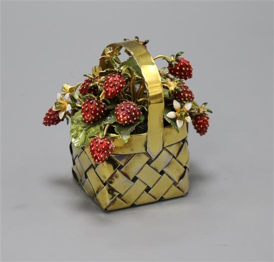 A modern Cartier silver gilt and enamel basket of strawberries table ornament, signed Cartier, 85mm.